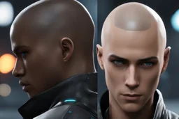 Markus black skin with no hair in 8k anime cgi artstyle, Detroit become human them, normal eyes, close picture, neon effect, rain, apocalypse, intricate details, highly detailed, high details, detailed portrait, masterpiece,ultra detailed, ultra quality