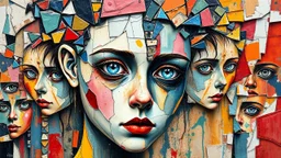 A unique celebration of color and watercolor paint brush detail, featuring a girl chaotic head An oil painting of broken ceramic pieces in with a ceramic Polish portuguese with an abstract checkered brush with zig-zag outlines impasto style with thick, textured brushstrokes. effect anomalous mystical horror fortal eerie background stack of mirrors millions tilted towards a collage of terrifying pixelated faces Holes with the face of the eyes slayer blue string panel paint thinner color roug