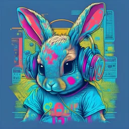 centered, isometric, vector t-shirt art ready to print highly detailed colourful graffiti illustration of baby bunny, wearing headphones, face is highly detailed, vibrant color, high detail