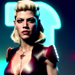 Actress, Katheryn Winnick, retro futuristic, clean, smooth, sexy, short hair, blood, portrait, samurai style, 16 bit, unreal engine 5, god lights, ultra hd, vibrant color, night city background, neon, front view.