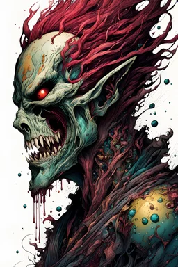 highly detailed full color, concept illustration of an ancient shape shifting anti heroine character , maximalist, sharp focus, highest resolution, in the styles of Alex Pardee, Denis Forkas , and Masahiro Ito, boldly inked, 8k, coarse, gritty textures