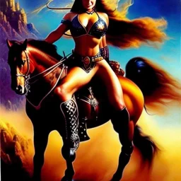 portrait oil on canvas,beautiful busty Female Warrior riding a horse, minimal armor,comic book cover, mystical colors,insanely detailed,realistic,intrincate detail,crystal clear eyes, 16k resolution, masterpiece,Simon Bisley,Frank Frazetta,Alex Horley,ARTHUR ADAMS