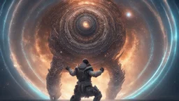 photorealistic Aztec warrior cyborg marauder opalescent space gigantic monster, interstellar galactic particles stream event horizon, entering a quantum wormhole with great exoplanet crashing, blackhole