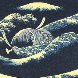 An astronaut floating in space surrounded by a halo of glowing jellyfish, done in the style of Hokusai's The Great Wave off Kanagawa