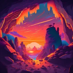 a rocky cavern exit revealing a beautiful sunset over eden with vibrant colours illustration