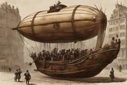 steampunk airship with a large gondolier with people, landing in a city