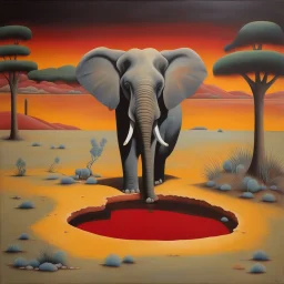 by Desmond Morris, weird grim desert wonderland, surreal elephant drinking from a red pond, matte oil painting, dark colors