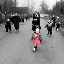 Creepy old photo of rainbow zippy monster chasing children at new year