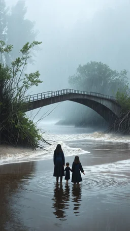By Sergiо. Style by Greg Rudkowski. Thick white milky dense fog on a deserted beach with lonely bushes.flooded raged water . 2 women and a child In the stormy wether in the water a bridge is falling in the river Bruegel painting style, fine line draw