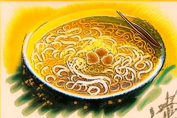 chinese curly soup, watercolor and ink, in sunshine, golden glitters