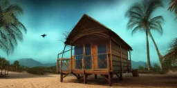 cabana abandonada entre 2 montanhas, chovendo, grama, árvores, lago high contrast, best quality, 8k, hight detailed, 3d, render, lumion, shooting star, intricate,