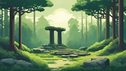 The video game poster presents a serene forest scene in Irland in minimalist pixel art, capturing the essence of the Celtic landscape. A solitary dolmen stands amidst a sea of lush green trees, its ancient stones rendered in simple yet evocative detail. Shafts of sunlight filter through the canopy, casting dappled patterns on the forest floor.