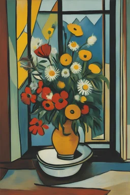 An image by Picasso and Van Gogh of a pot of flowers in a window sill
