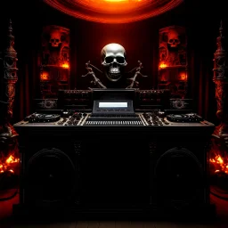 DJ of the damnded, insanely detailed DJ booth in hell, MID set, speakers and equipment made of bone, anatomically correct, add more skulls in th audience, photorealism, vray, 8k 3d