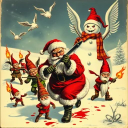 there is no kebabs at christmas, evil Santa, evil gnomes running around, staring flaming eyes, evil Rudolf, very big evil angry Frosty the snowman in background, kebabs and kebab, 1940 christmas postcard, blood stains, Flying angel Cherubs, Santa holding a knife