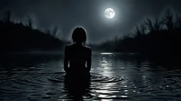 a sad woman sitting in the dark water with a full moon in the background, reflections on water, dark atmosphere, surreal, dramatic mood, water mists, in a shallow river, grieving. high detalied, intricate, swirly liquid ripples, an emo girl, dark deep colours, atmospheric, weird, crepy stunning