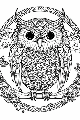 coloring page for kids, Mystical owl in a starlit night sky, cartoon style, thick outline, low details, no shading, no color