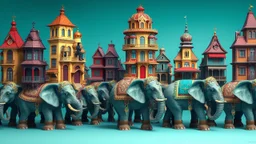 Whimsical cityscape panorama featuring ornate buildings atop majestic elephants. Elaborate, multi-storied houses, reminiscent of Victorian architecture, are meticulously detailed with various architectural styles and colors; pastel yellows, deep reds, teal blues, and muted purples. The structures are intricately connected and seemingly transported by large, detailed elephants adorned with colorful fabrics and metallic accents. A small, dark-haired, human figure is seated on a second-story tur