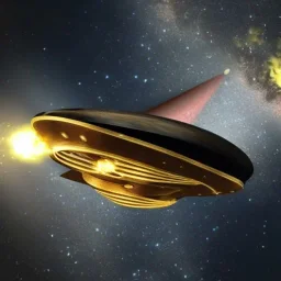 huge starship made of brass and black stone, damaged and on fire, in space