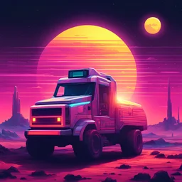 space truck from 1085, synthwave picture style with light pixel, the sunset on the horizon, with a big pixelated sun and a half moon