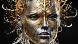 3D rendering of a head of an impressively detailed and complex hyper-realistic "human anatomy": scientific, single object, glossy white, shiny gold, vines, tribalism, black background, shamanism, cosmic fractals, octane rendering, 8k post-processing, detailed metallic bones, dendritic, artstation : Award Winning: Professional Portrait: Atmospheric: Commanding: Fantastic: Clarity: 16k: Ultra Quality: Astounding: Shine: Stunning Colors: Stunning Depth