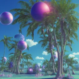 1980's aesthetic vaporwave palm trees with spheres and ufo