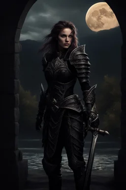 A formidable warrior girl in black armor, against the background of an amazing gloomy landscape, flooded with the light of two moons, mountains, trees, a fabulous scary landscape, juicy emotions, painting, dark fantasy, gloomy day, dark world, portrait, Gothic Town At Night, Fantasy, Intricate Details, Castle Courtyard Gardens, Hyper Detailed, by very detailed portrait mixing the fantastic muscular realism of Boris Vallejo, bringing together the artists Carne Griffiths