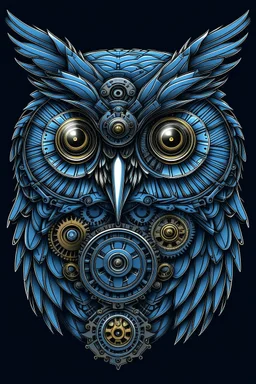 Portrait of an owl, steampunk, indigo blue, colorful, illustration, highly detailed, simple, smooth, and clean vector, no jagged lines, vector art, smooth, made all with grey colored gears inspired by future technology