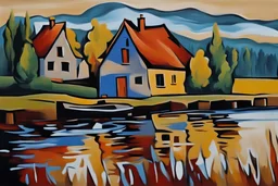 abstraktna umetniška slika akril stara hiša ob reki stil picaso