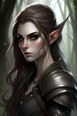 Create an image of this female elf without the black eyes, she would have cristal clear blue blue eyes