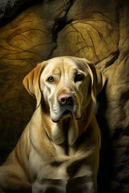Portrait of a yellow Labrador in the style of prehistoric cave art