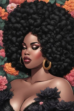 Create an comic drawing image of a plus size black female wearing a black off the shoulder blouse and she is looking down with Prominent makeup. Highly detailed tightly curly black afro. Background of large black flowers surrounding her