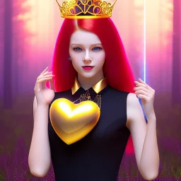 Attractive young teenage girl with golden red hair wearing a gold tiara, who is dressed like a witch casting a spell holding a red heart gem, she has cat ears and open dazzling blue eyes, in the background there are abandoned pillars in a forest, black black girl dress, full body portrait, arm colors gradient effect into stars, rendered, unity 3d, unreal engine, dslr, hdr, 4k, edited, photorealistic, normal number of appendages, freckles, artists render