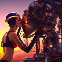 great illustrator, spanish, realistic rendering of a cute spanish girl kissing a cybergirl with helmet, beautiful, steampunk style. Helmet with tubes. Machinery in the background. robotic bird flying. High details. 4k. unreal engine, sunset