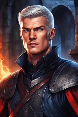 Adult man, Alan Ritchson features, fair complexion, sporting short silver hair, dressed in black and red medieval attire, intense blue eyes, portrait, graphic novel style, digital art, dramatic lighting, high detailed, House of the Dragon