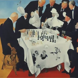 Putin, President Xi Of China And Joe Biden Play Chess With A Pigeon,Ufo And Atomic Bomb Mushroom Cloud,Complex Surgical Instruments Intermixed With A Newborn Boy,Minimalism,Painting By Adrian Ghenie,Rene Magritte,Pablo Picasso,Michelangelo,Salvador Dali,Lucian Freud