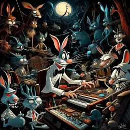 dark colours bugs bunny being a composer piano violin and is surrounded by swarm pig pig swinewasp swine pigpen pigsty on an diffrent planet cosmos lovecraft