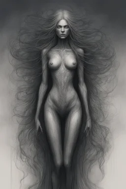 Drawing of a beautiful female with long hair in the style of Scorn, Giger, Beksinski, Leonardo da Vinci. Busch painting style nightmare, Full body.thin lines draw style