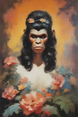 mugshot, Planet of the Apes, multicolored, large, floral designs, atmospheric, beautiful, China Doll, oil painting by Frank Frazetta