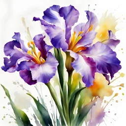 runny wet watercolor painting, Willem Haenraets style, ((best quality)), ((masterpiece)), ((realistic, digital art)), (hyper detailed), intricate details, (one) 2multicolored iris flowers, closeup, white background, vivid coloring, some splashes