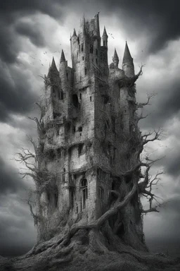 surrealis monochrome A fragmented, surreal sculpture liguid color of photorealistic image 3d,psychedelic art of an castle glossy emerging from dreamlike a crumbling building. The face appears pale with deep cracks and intricate details, evoking a haunting expression. Blackened tree branches intertwine with the gold mengkilat cracks, set against a backdrop of stormy, cloud-filled skies. bauhaus art The overall tone is dark and moody, suggesting themes of decay and transformation.