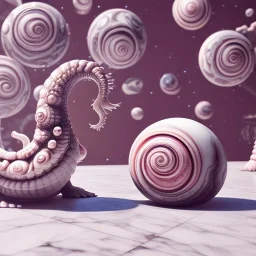 Light pink swirling marble texture,big snail house, centered table & chair,transparent soft shadows, HD 4K Unreal Engine 5 bokeh