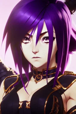 Detailed cute anime Kunoichi girl, purple hair buns, purple bangs, black latex bodysuit, intricate details, full body portrait, keep head in frame, slight smile, black Japanese motif, concept art, highly detailed, digital painting, concept art, sharp focus, illustration, art by Yoji Shinkawa, WLOP and greg rutkowski and alphonse mucha and artgerm and yanjun Chen and Junji ito and Makoto Shinkai, HDR, octane render