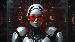 Pretty robot woman, total electric robotic body, good body, big bubs, short red electric haired, sun glases, futuristic stage, good shapes, excelent artificial inteligence interpretation, serious mode, dark tecnologic room background.