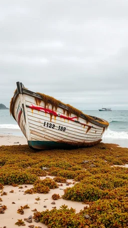 An abandoned boat covered with see weeds on the beach