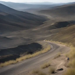 Hours of riding pass. The landscape shifts from rolling hills to a desolate, rocky waste where the vegetation is stunted and blackened, clinging to the soil with a desperate, claw-like grip. The air grows thick with the scent of sulfur and old ash. The terrain turns treacherous. The wide road dissolves into a narrow, winding trail of shale and broken slate that clings to the side of the mountain. The mare grunts, her muscles straining as she navigates the steep ascent, her hooves clicking sharpl