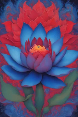 Psychedelic Art of a Azure-Blue Lotus with a Crimson-Red iris for the center bud