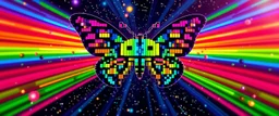 a qr code that looks like a space invader 3d butterfly with colors from the rainbow spectrum