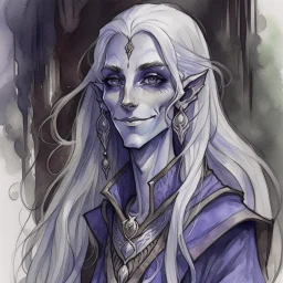 dnd, fantasy, watercolour, large strokes, stylistic, portrait, illustration, dull colours, woman, dark elf, drow, face, narrow long face, weathered face, purple eyes, vicious, smiling, white hair, very long hair streaming down the shoulders, lush hair, elegant, short small mouth, wide smile