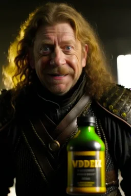 Mad-eye Moody with no skin on his face wearing leather armor, looking eager and excited, holding a windex spray bottle